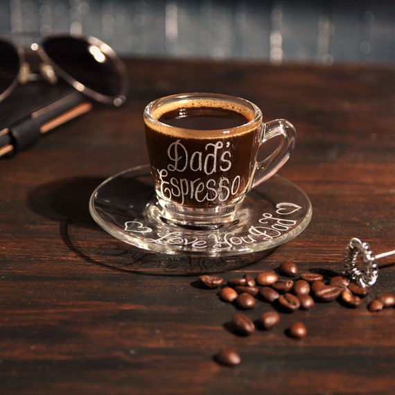 Personalised Glass Espresso Cup and Saucer Set, Hand Engraved Gift for coffee lover