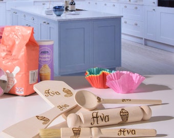 Personalised Mini Wooden Baking Set: Hand Engraved childs cookset for