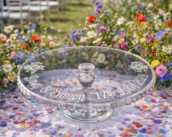 Personalised Hand Engraved Glass Cake Stand: Wedding Gift for couple