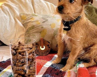 Dog Treat Jar engraved with any message, wooden lid, leather strap, Scandi style, airtight for pet treats, Pooch Gift, Gravy Bones, Bonio