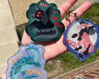 Cute Cryptid Single Sided Acrylic Keychain, mothman, jersey devil, lochness monster
