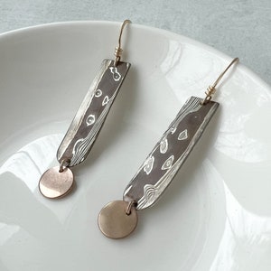 Large Mokume Gane and Gold Dangle Earrings | Statement Mokume Gane Earrings