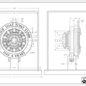 Puede incluir: Plano técnico en blanco y negro del reactor de arco Iron Man Mark 1 "Cave Version" con el texto "Prueba de que Tony Stark tiene corazón".