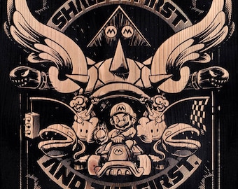 Mario Kart "El último será el primero... Y el primero, último" grabado en madera (xilografía)