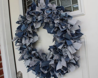 Denim & Gray Fabric Rag Wreath, Country Door Hanging, Rustic Home Decor, Fabric Strip Wreath