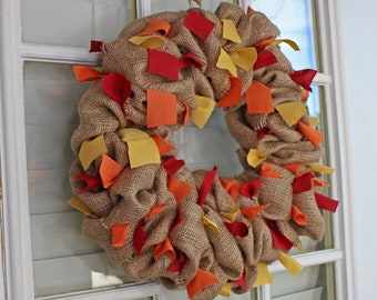 Red Orange & Yellow Fabric Strips and Burlap Wreath, Fall Wreath, Fabric Rag Wreath, Thanksgiving Home Decor