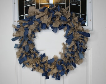 Burlap and Denim Rag Wreath, Primitive Country Home Decor, Rustic Front Door Decoration