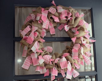 Pretty Pink Plaid & Burlap Wreath, Fabric Rag Wreath, Bright Door Hanging