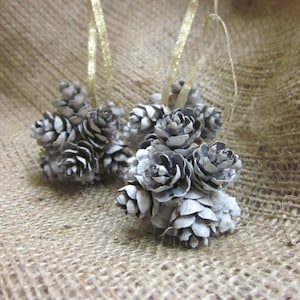 Frosted Mini Pine Cone Ball Ornament Set, Country Christmas Tree Decoration, Natural Gift Topper, Small White Pinecone Holiday Decor