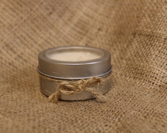 Small Soy Candle for Rustic Wedding Favors, Tin Container Candle, Mason Jar Lid Theme, Jute Bow Decorated, Shower Favors