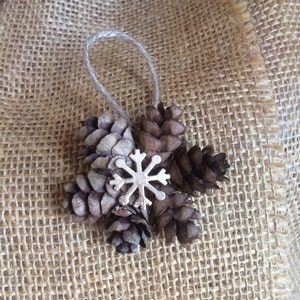 Mini Snowflake Pine Cone Ornament, Gold or Silver Snowflake Charm, Pinecone Gift Topper, Rustic Holiday Ornament Gold