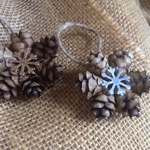 Mini Snowflake Pine Cone Ornament, Gold or Silver Snowflake Charm, Pinecone Gift Topper, Rustic Holiday Ornament image 2