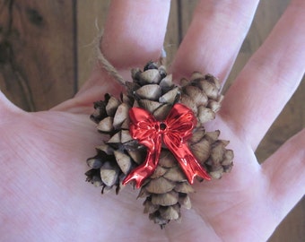 Mini Pine Cone Ornament Wreath with a Red Bow, Country Christmas Gift Topper, Natural Primitive Holiday Decor, Hemlock Hanging