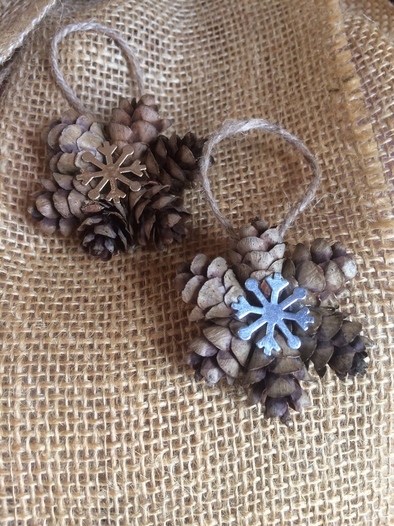 Mini Snowflake Pine Cone Ornament, Gold or Silver Snowflake Charm, Pinecone Gift Topper, Rustic Holiday Ornament image 3