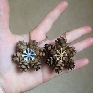 Mini Snowflake Pine Cone Ornament, Gold or Silver Snowflake Charm, Pinecone Gift Topper, Rustic Holiday Ornament image 1