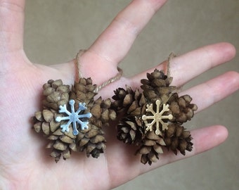 Mini Snowflake Pine Cone Ornament, Gold or Silver Snowflake Charm, Pinecone Gift Topper, Rustic Holiday Ornament