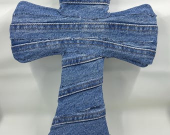 30 cm denimomslaget kors, kristen heminredning i blå jeans