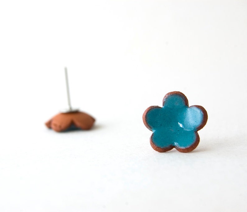 Flower Earrings Turquoise Earrings Pottery Stud Earring Etsy