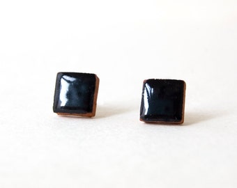 Black Earrings, Black Square Earrings, Stud Earrings, Unisex Earrings, Square Stud Earring, Silver 925, Holiday Gift, Men's Earrings