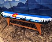Colorado Mountain Mural Single Snowboard Bench, boot bench, mud room bench, hallway bench, hand painted, front porch bench, coffee table