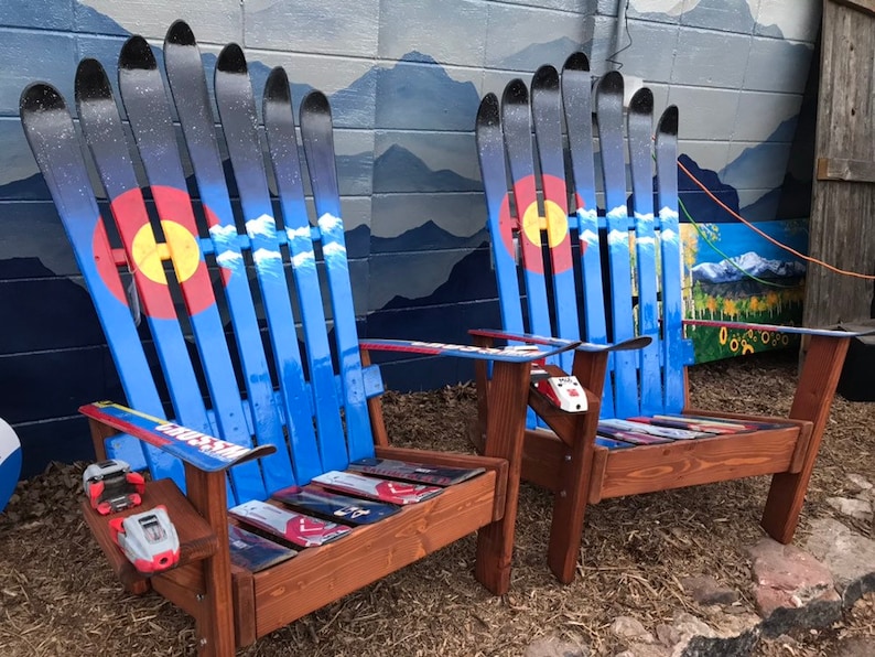 Bench And Two Custom Adirondack Ski Chairs Recycled Skis Snowboards Set Of Three Colorado Flag Plus Mountains Night Sky Outdoor Gardening Home Living Jan Takayama Com Bench And Two Custom Adirondack Ski, Adirondack Ski Chair Colorado Flag