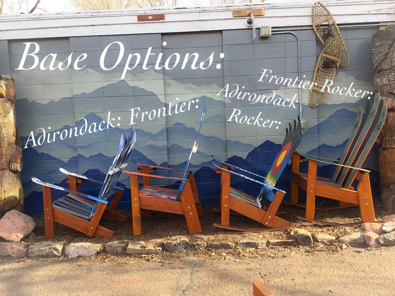 May include: Four wooden Adirondack chairs with different ski designs. The chairs are labeled "Adirondack", "Frontier", "Adirondack Rocker", and "Frontier Rocker".