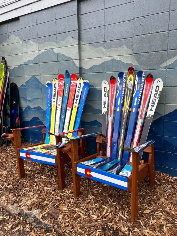 Set of 2 Original Adirondack Ski Chairs With Colorado Flag Hand Painted Front Boards Custom Deck Chairs Colorado Life Decor Unique Set Etsy