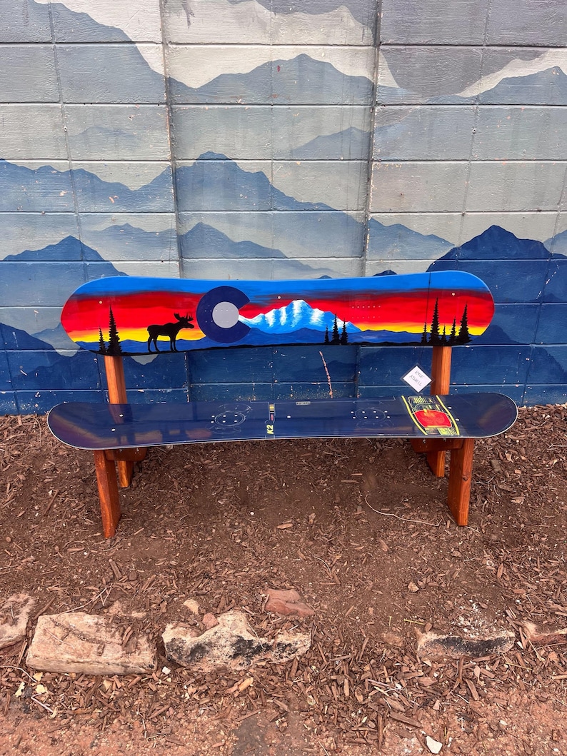 Moose Racing Bench Colorado Mountain Sunset With Moose Snowboard Bench, Hand-painted ...