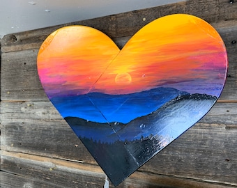 Misty Mountain Sunset Mural wall art, hand painted on recycled snowboards, heart shaped wall art, sunset, mural art, mountain, snowboard art