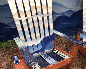 Custom Mystic Mountain Mural Adirondack Ski Chair, hand painted with oil on Recycled Skis,