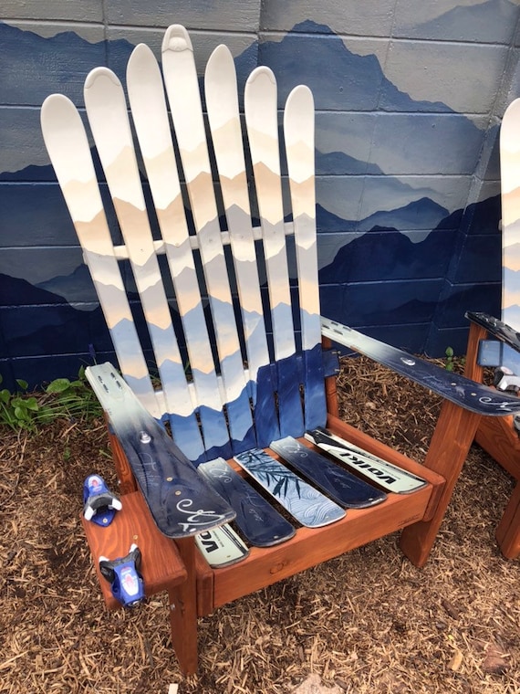 Custom Mystic Mountain Mural Adirondack Ski Chair, hand painted with oil on Recycled Skis,