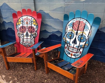 Set of 2 - Mexican Sugar Skull/ Day of the Dead Ski Chair, Hans painted, Adirondack chair, sugar skulls, custom chair, deck chairs, chair