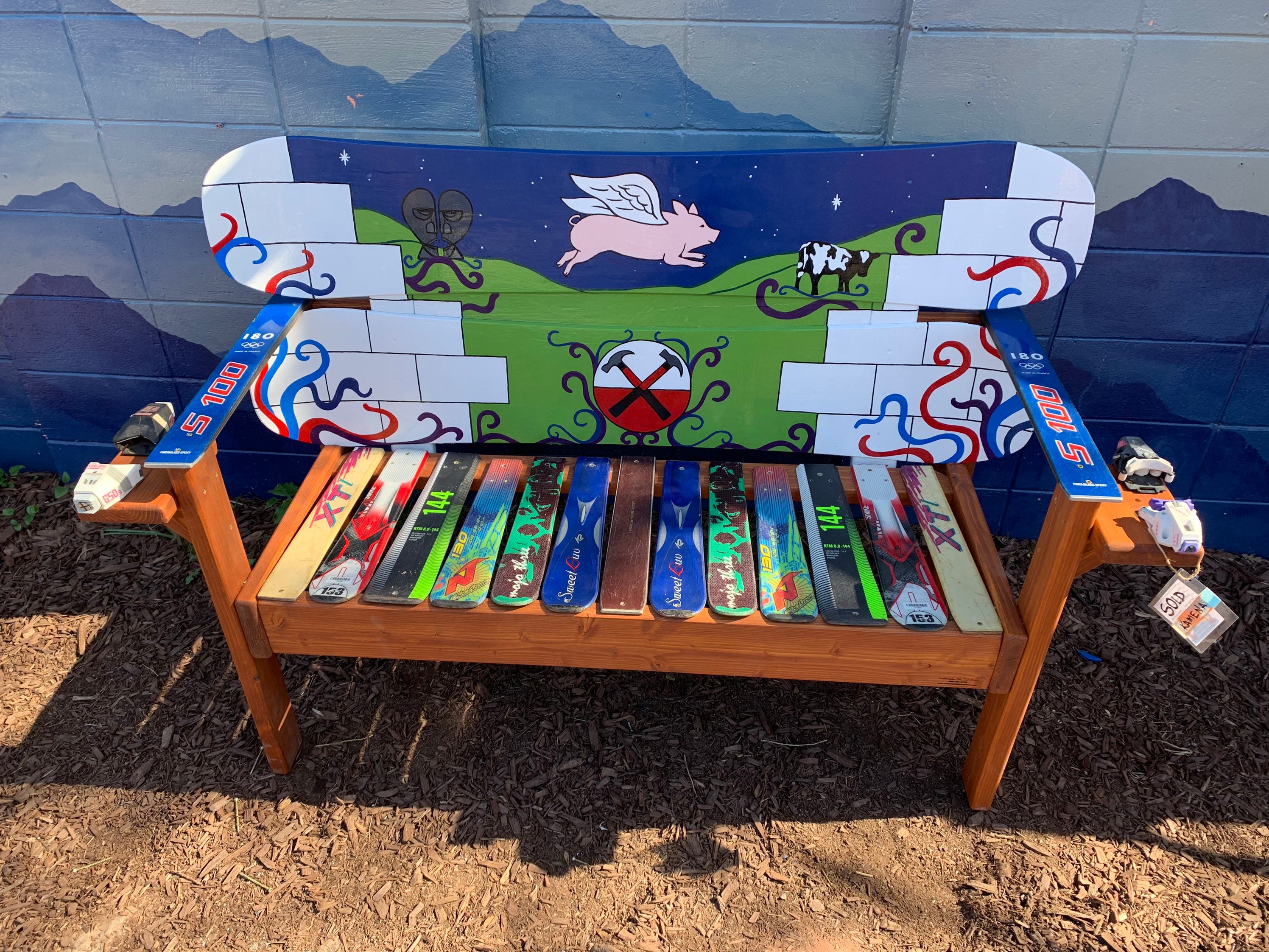 Pink Floyd Themed Snowboard Bench, Hand Painted Outdoor Furniture