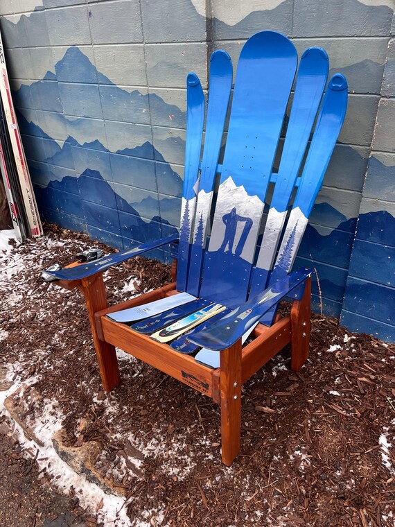 雪のchair Hand Painted Ski & Snowboarder Chair, Mountain Mural, Upcycled