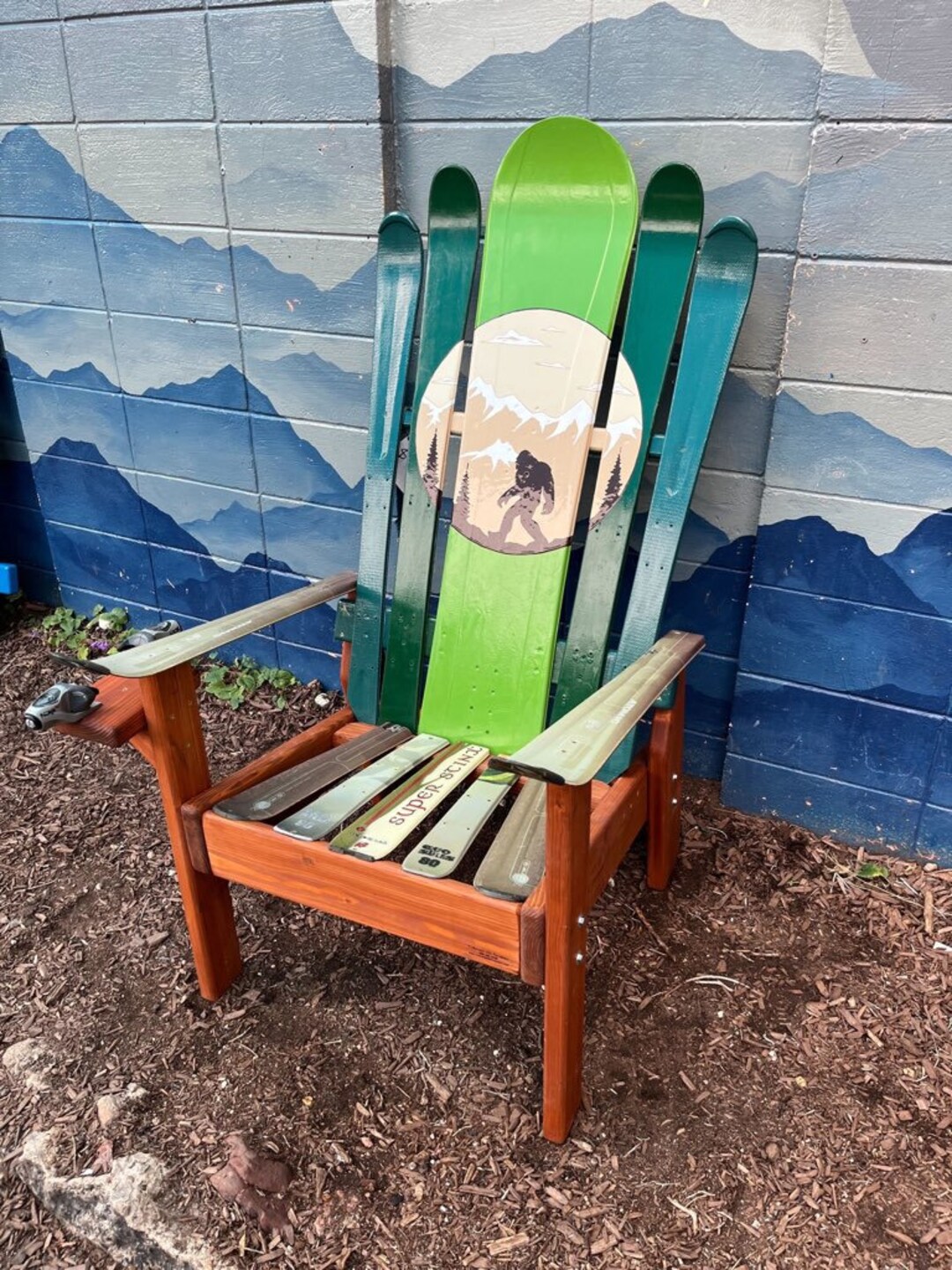 Sasquatch Ski Adirondack Chair, Upcycled Skis, Hand-painted