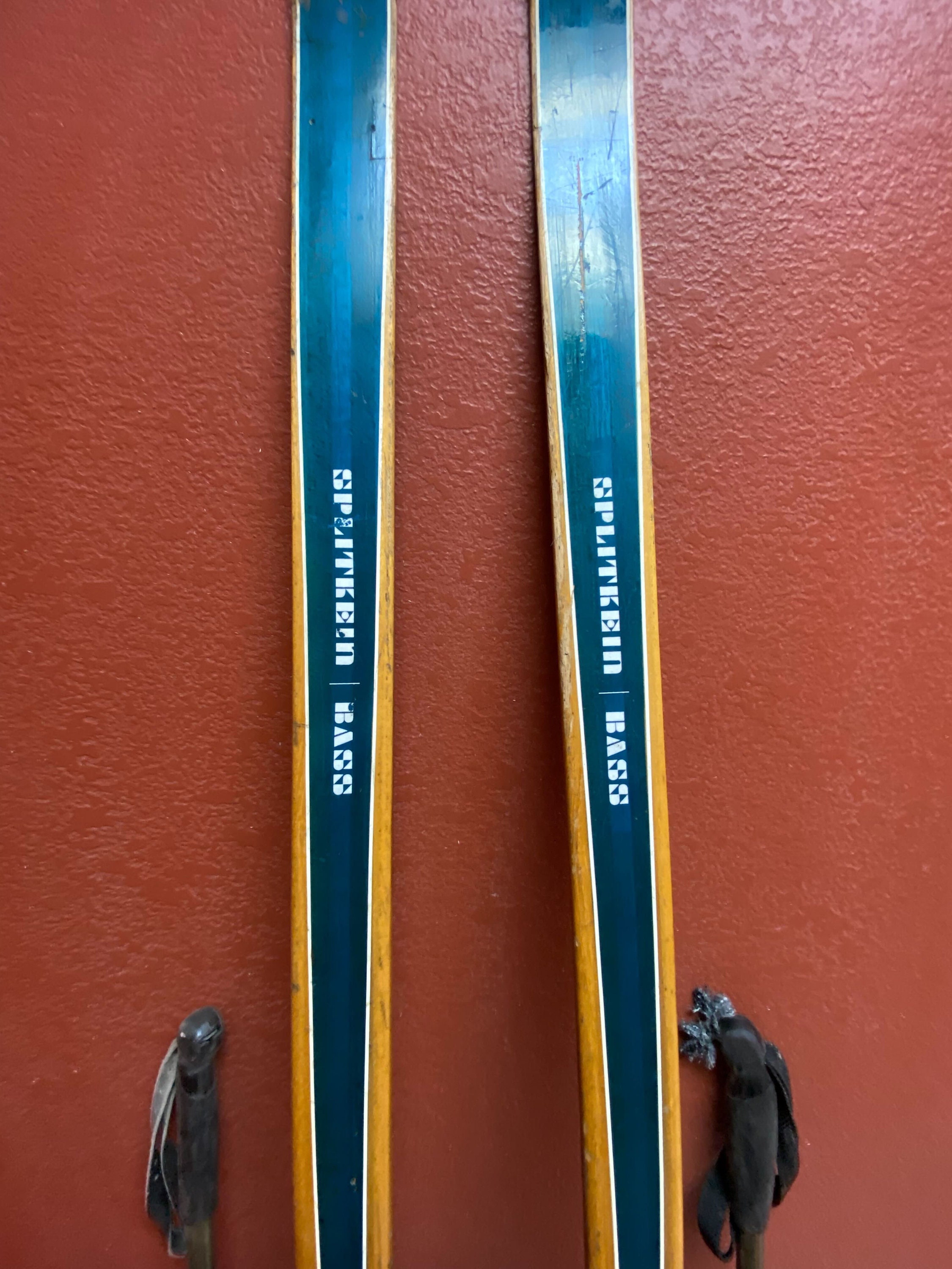 Refurbished Antique Splitkein Bass Skis, Dark Bamboo Poles, Wall