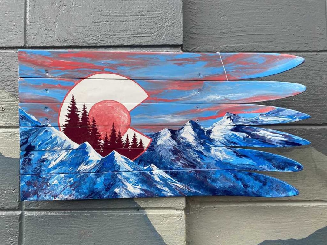 Hand-painted Colorado Flag Art on Upcycled Skis, Mountains Sunset