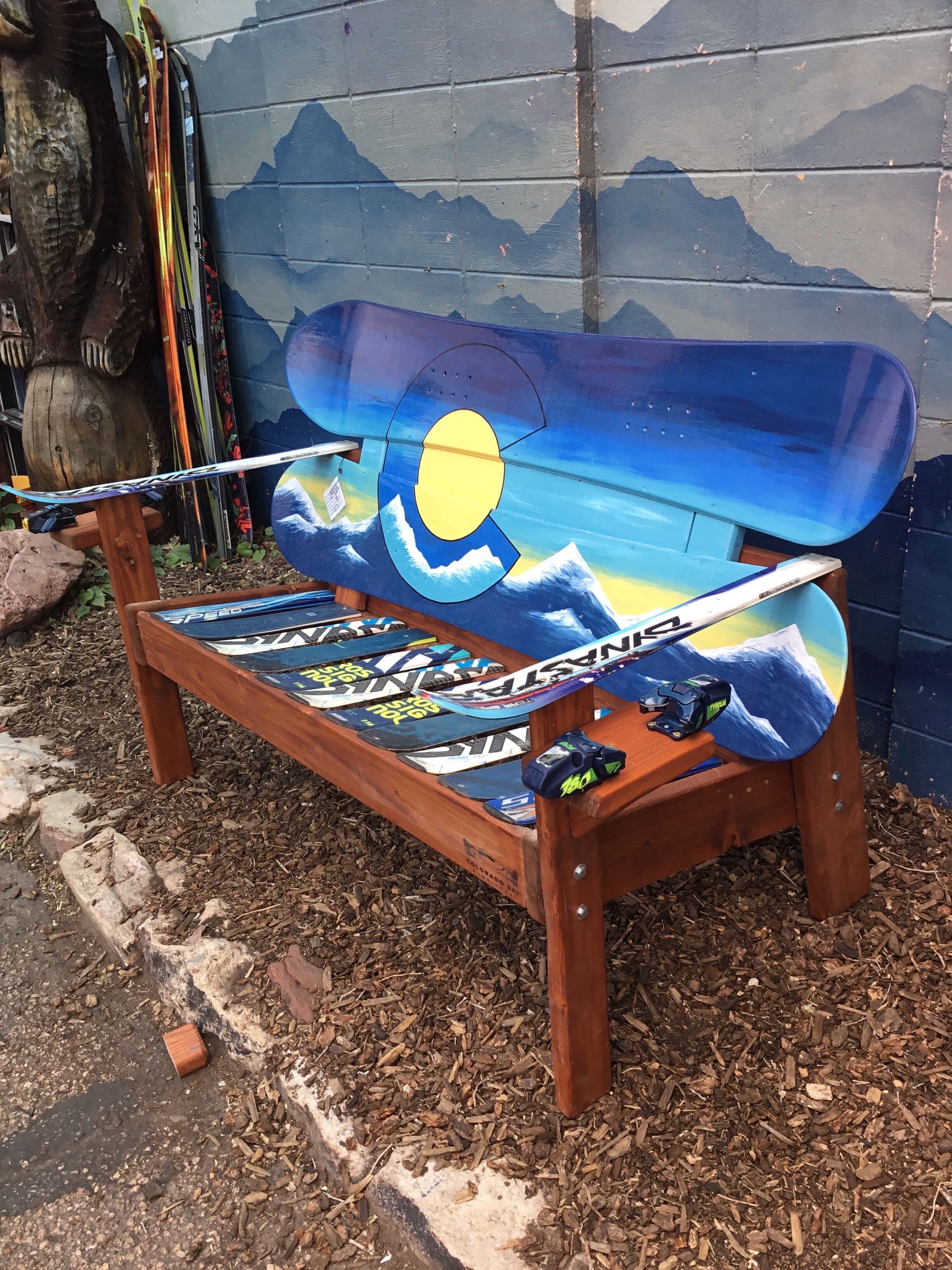 Hand Painted Colorado Mountain Mural Snowboard Bench, Upcycled