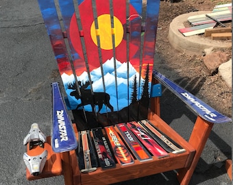 Colorado Moose Mountain mural ski chair, Sunset, Rocky Mountains, Moose, Forest and mountains, Hand Painted, Real Skis Repurposed, CO Life