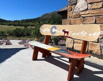 Moose Mural Double Snowboard Bench, boot bench, mud room bench, hallway bench, hand painted, front porch bench, porch bench, Repurposed