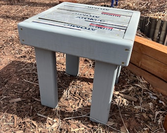 Grey stain Ski Side Table, seat, wood frame, ski top side table, side tables, outdoor side table, table, stool