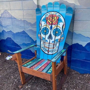 Mexican Sugar Skull/ Day of the Dead Ski Chair, Hand painted, Adirondack chair, sugar skulls, custom chair, deck chairs, patio chair image 2