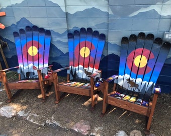 Set of 3 chairs -Colorado themed Adirondack Ski Chairs, Elk, Bear & Moose Mural Painted Sunset, Night Sky Mural Ski Chairs, Outdoor Furnitur