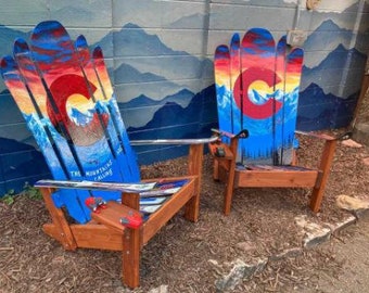 Set of 2 - Sunset Moose Hybrid Ski & Snowboard Chairs, hand painted, sunset, night sky, repurposed skis, Adirondack hybrid chair