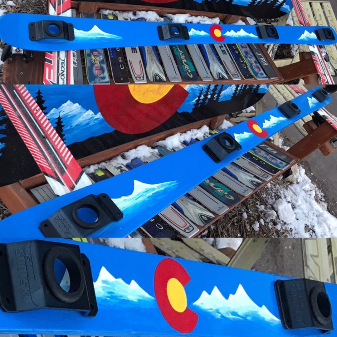 Real Downhill Skis, Repurposed, Colorado Flag Mountain Party Ski, Drinking Glasses, Hand Painted