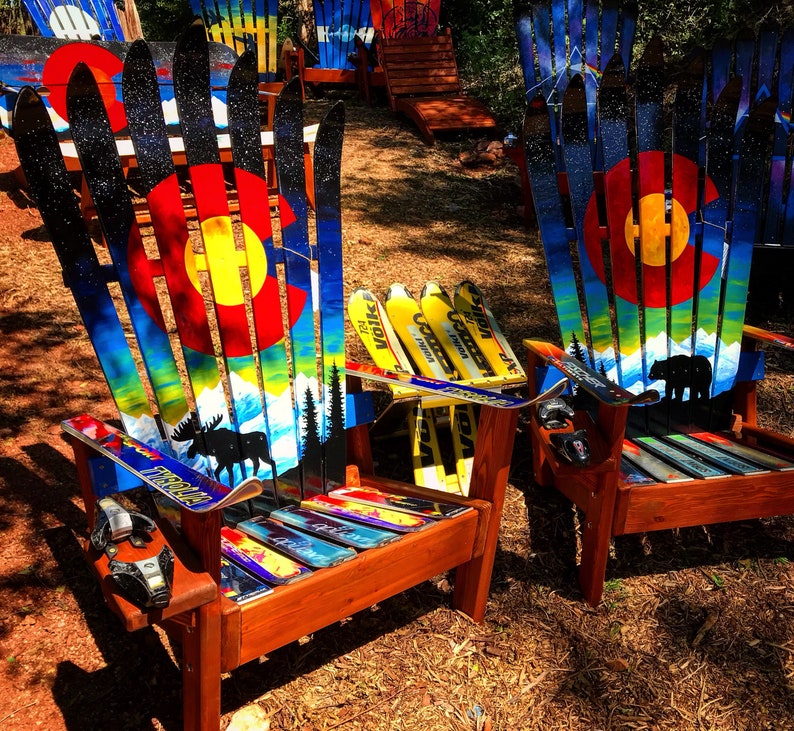 Two Patio Chairs Adirondack Chair Colorado Flag Bear Moose Northern Lights Mural Outdoor Furniture Recycled Ski Degree21 Gardening Two Patio Chairs Adirondack Chair, Adirondack Ski Chair Colorado Flag