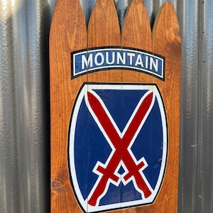10th Mountain Division ski wall art, hand-painted on upcycled skis, 24” tall wooden wall art, indoor or outdoor