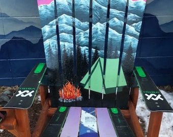 Camping Sunset Mountain Mural Patio Chair, Adirondack Chair, Ski Chair, Outdoor Furniture, Chair, Recycled Ski Chair, Sunset, Camping Love