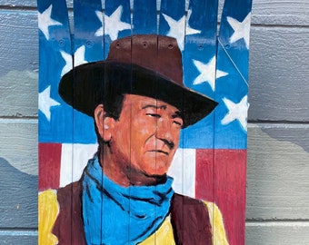 Hand-Painted John Wayne Ski Wall Art, Reclaimed Wood Home Decor 24"