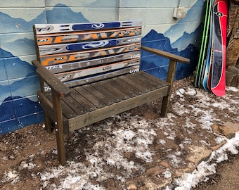 Dark Walnut stained Ski & Snowboard Park Bench Repurposed, Request your favorite colors or ski brands, Porch Bench, Memorial Bench